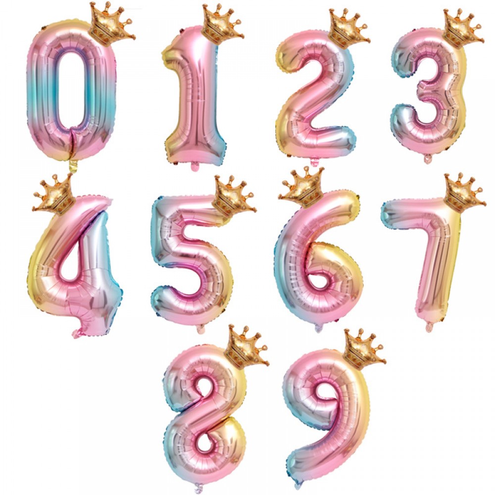 Cross-border 32-inch gradient-colored crown-shaped numeric balloon for children's birthday decorations; aluminum foil number crown balloon