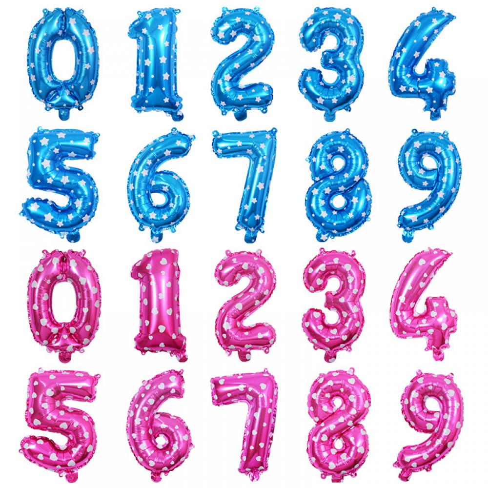 2-Inch Digital Balloons with Pink and Blue Star Prints, Matte Finish, Aluminum-Foil Balloons in Blue and Pink, Numbered Balloons for Wholesale