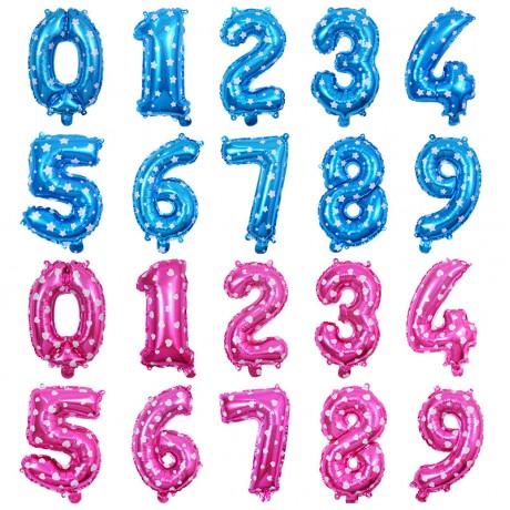 2-Inch Digital Balloons with Pink and Blue Star Prints, Matte Finish, Aluminum-Foil Balloons in Blue and Pink, Numbered Balloons for Wholesale