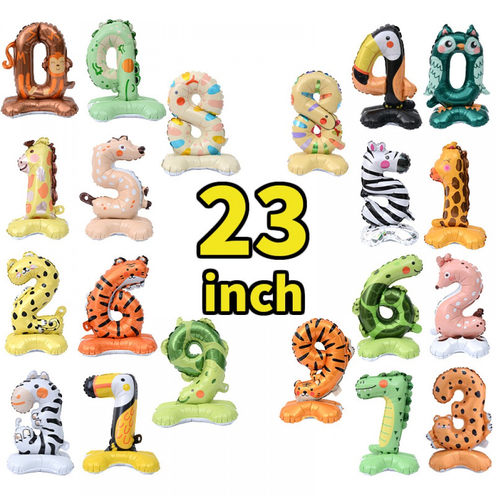 Cross-border new 23-inch animal-themed digital column aluminum foil balloons with cartoon shapes (0-9) for birthday party decorations