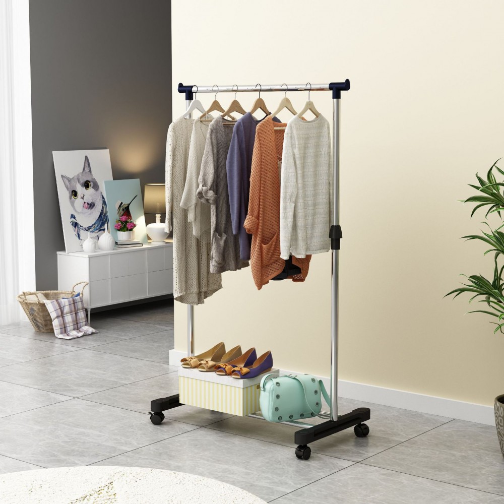 Stainless Steel Dual-Bar Retractable Clothes Drying Rack, Freestanding Household Adjustable Clothesline, Mobile Storage Rack