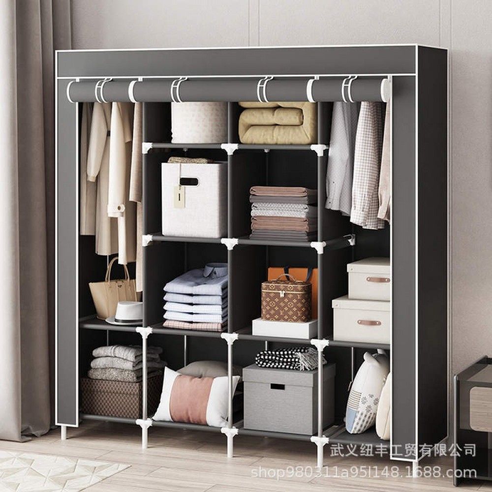 Simple Rental Dormitory Non-Woven Fabric Assembled Wardrobe with Large Storage Capacity, Reinforced Thickened Steel Tube Floor-Standing Cabinet