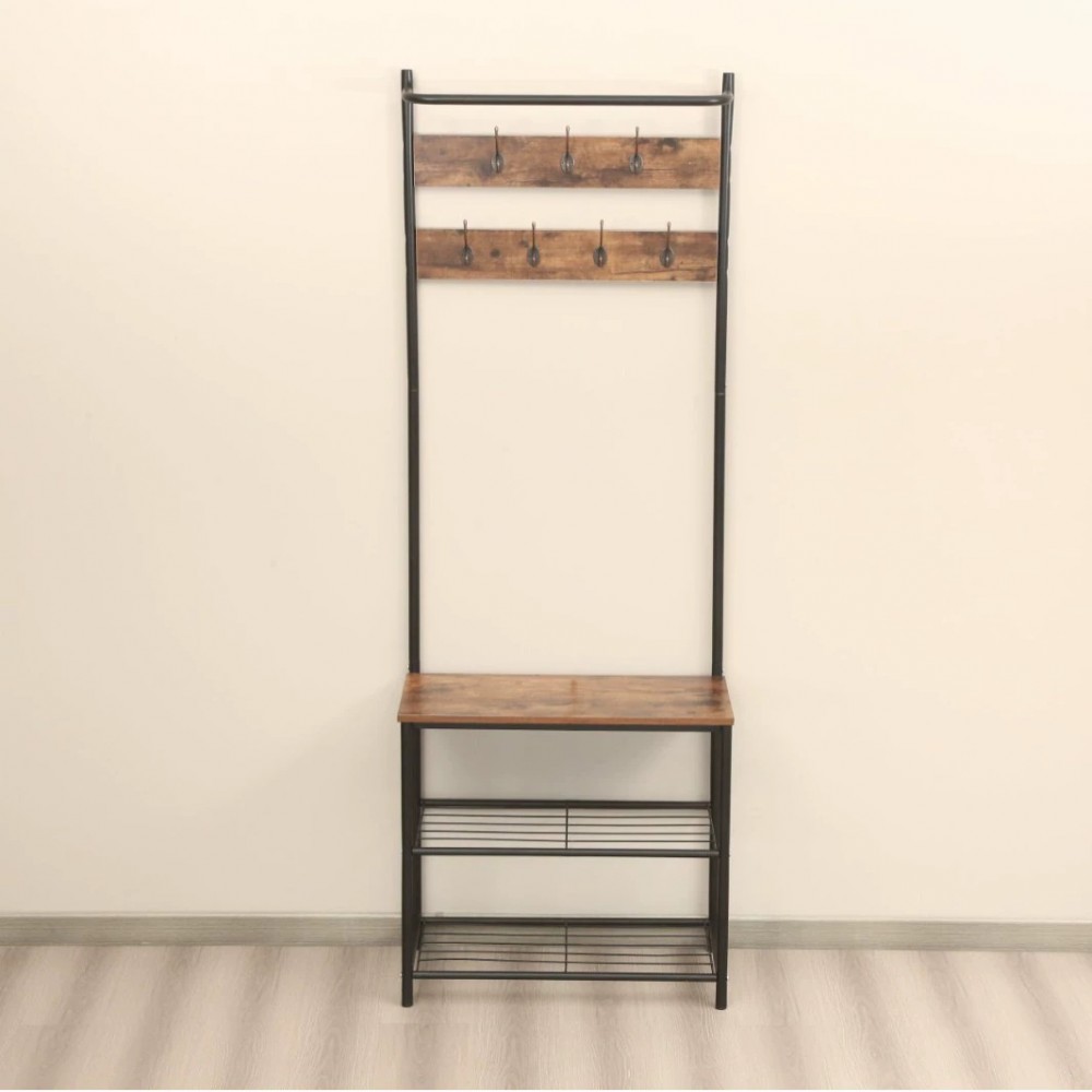 Factory-supplied vintage solid wood and steel coat rack with three-tier shoe storage shelf—multifunctional European and American-style storage rack, available for immediate wholesale.