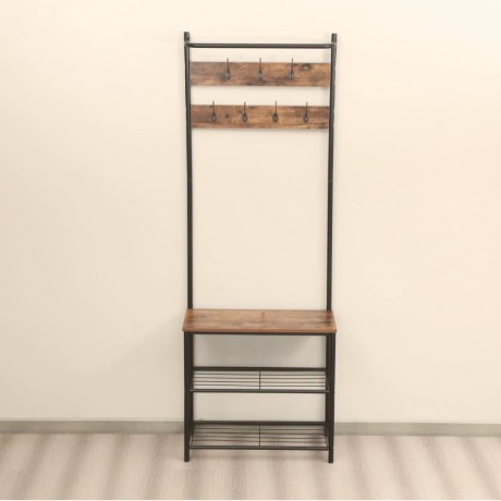 Factory-supplied vintage solid wood and steel coat rack with three-tier shoe storage shelf—multifunctional European and American-style storage rack, available for immediate wholesale.
